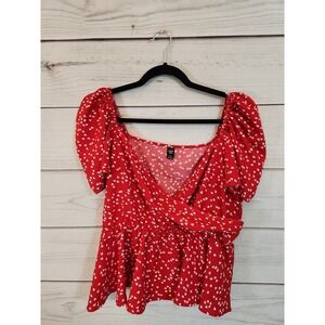 Shein Women's Red Heart Print Off The Shoulder Short Sleeve Wrap Blouse Size 1XL